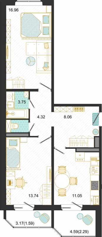 2 ккв 61,8 м²