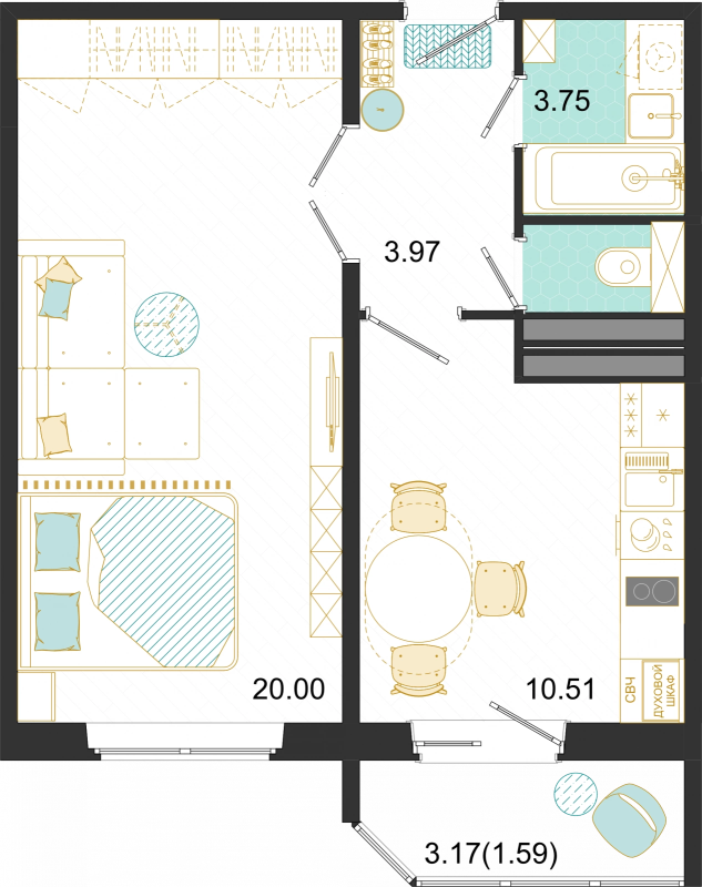 1 ккв 39,8 м²