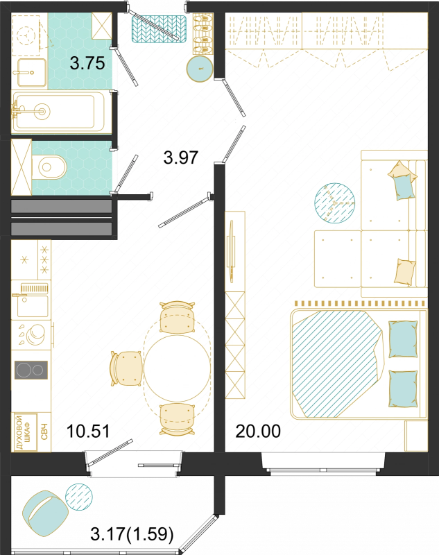 1 ккв 39,8 м²