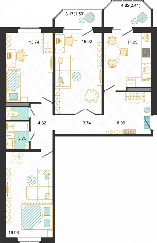 3 ккв 81,8 м²
