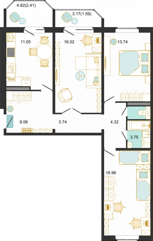 3 ккв 81,5 м²
