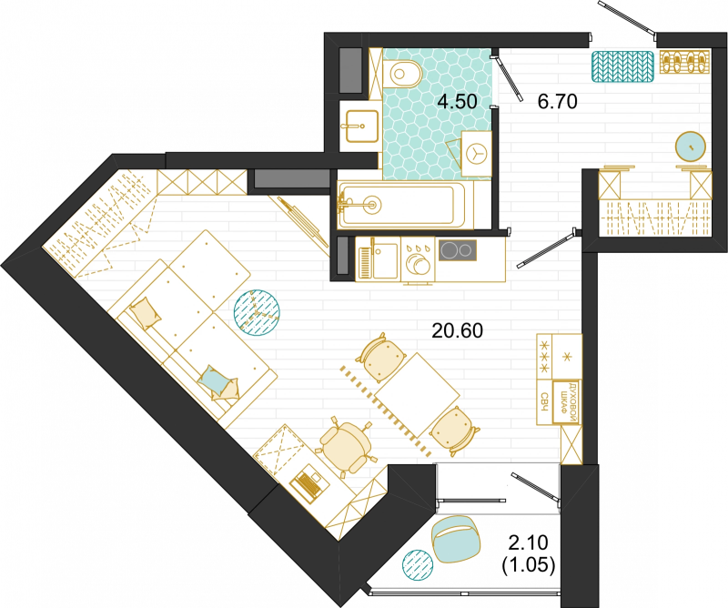 Студия 32,9 м²