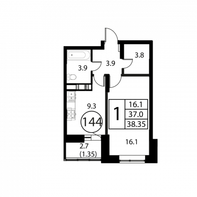 1 ккв 38,4 м²