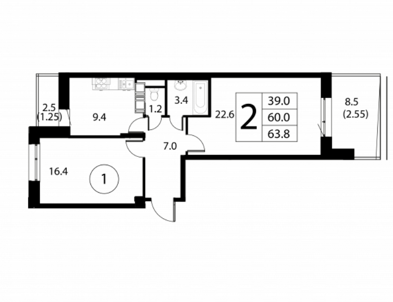 2 ккв 63,8 м²