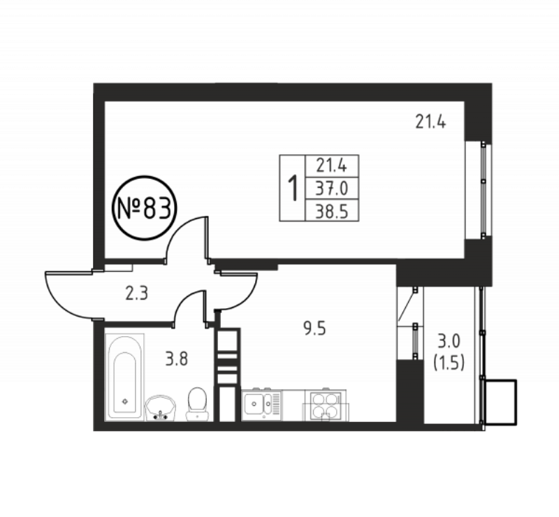 1 ккв 38,5 м²