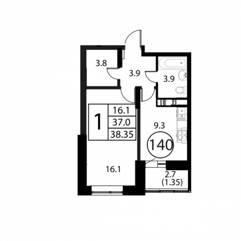 1 ккв 38,4 м²