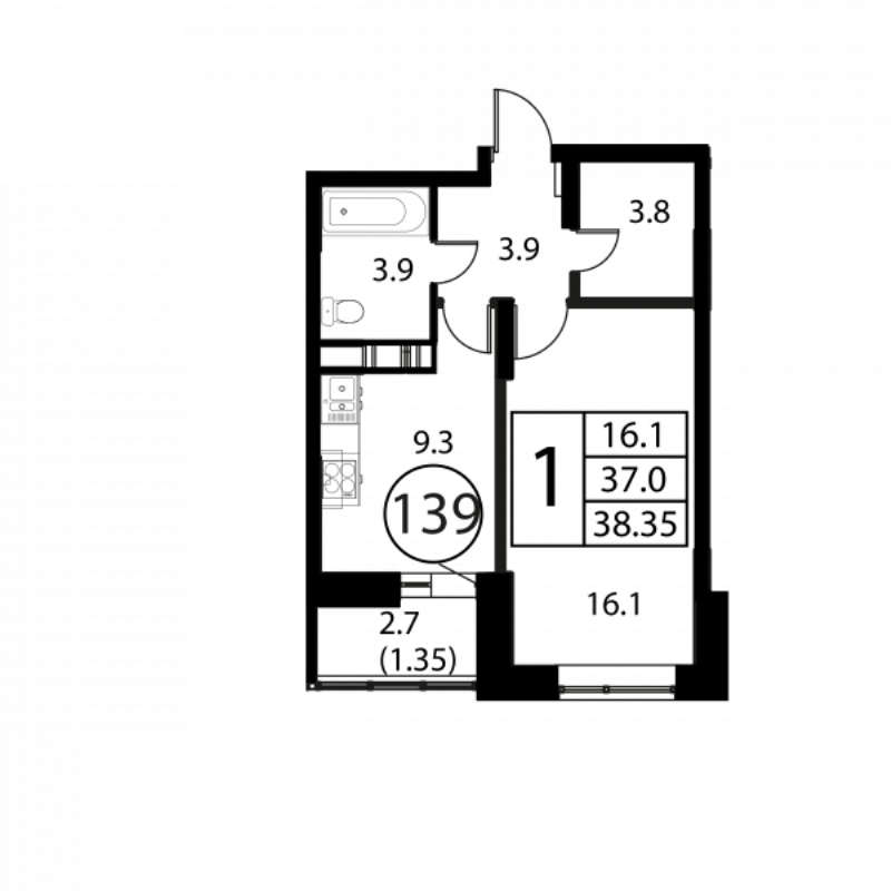 1 ккв 38,4 м²