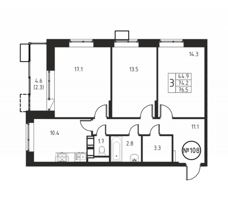 3 ккв 76,5 м²
