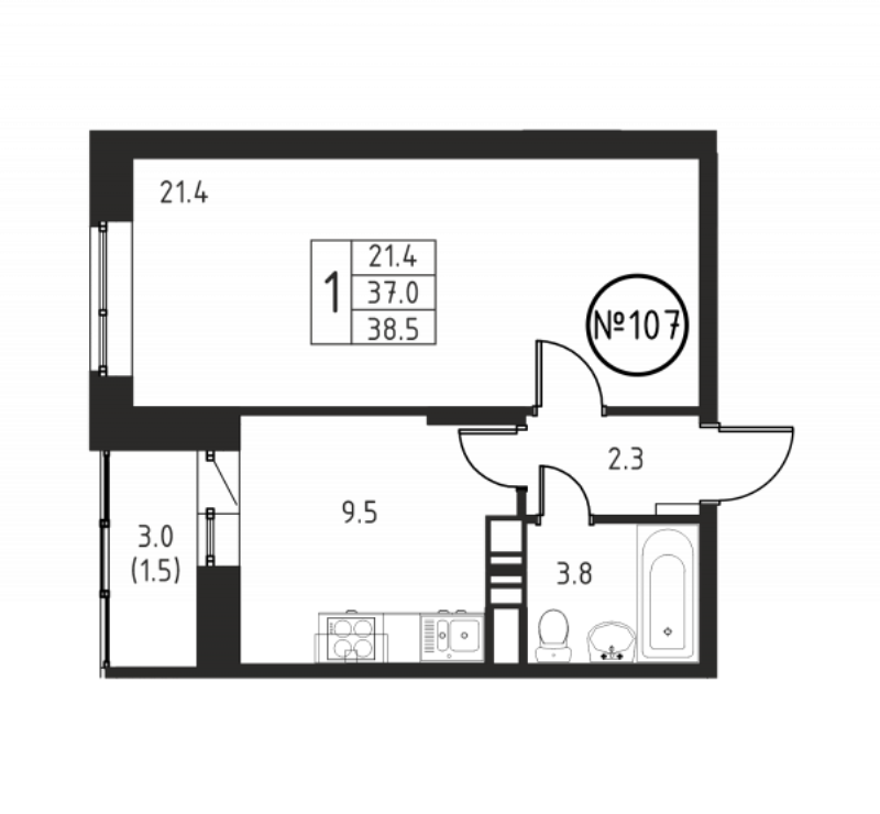 1 ккв 38,5 м²