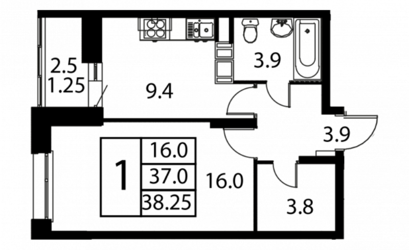 1 ккв 38,3 м²