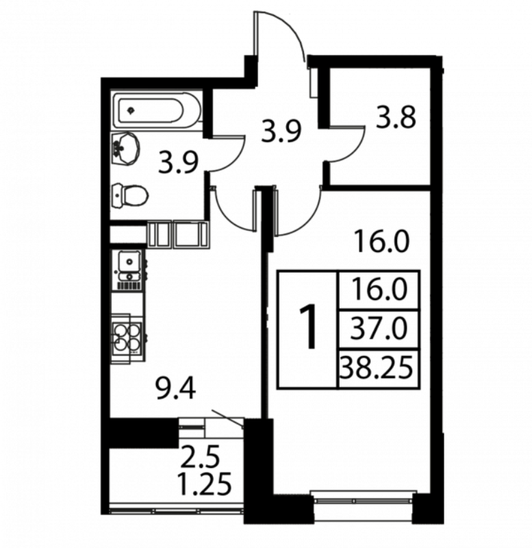 1 ккв 38,3 м²