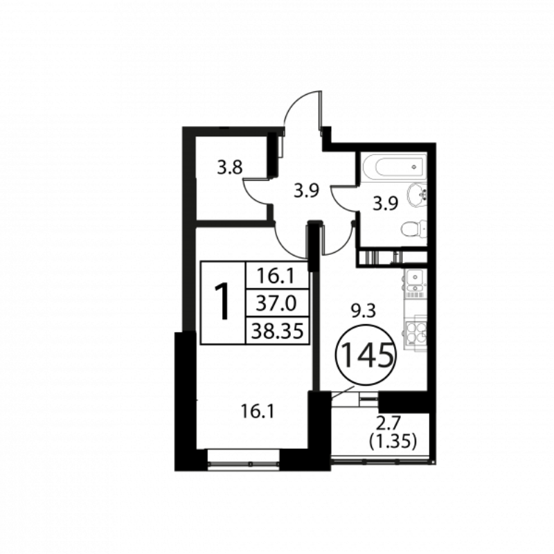 1 ккв 38,4 м²