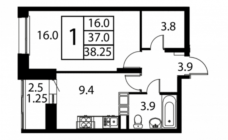 1 ккв 38,3 м²