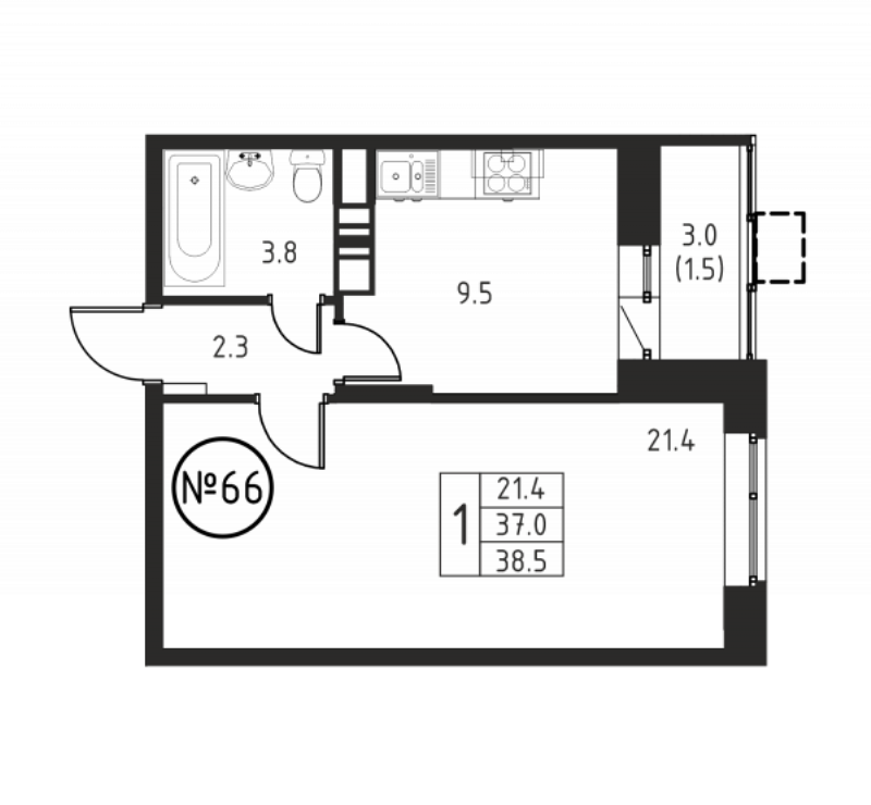 1 ккв 38,5 м²