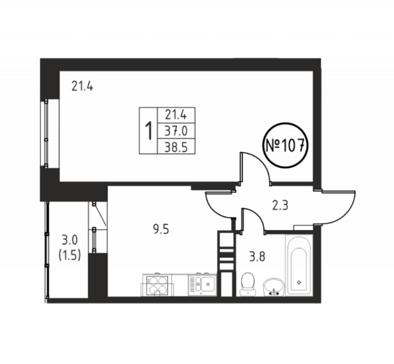 1 ккв 38,5 м²