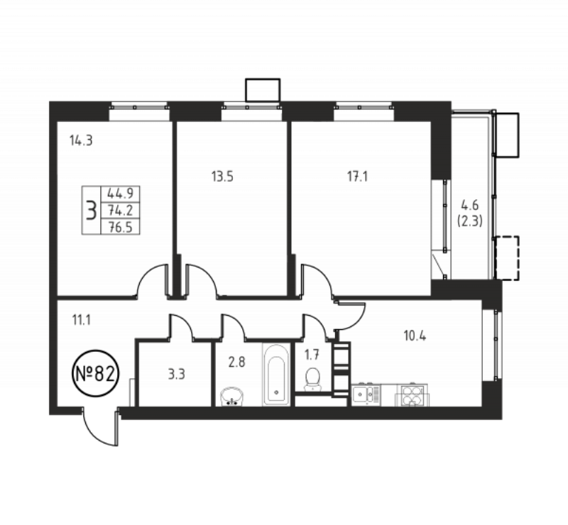 3 ккв 76,5 м²