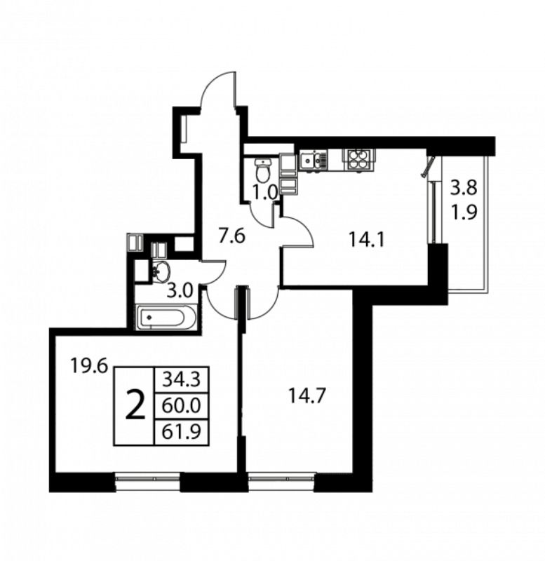 2 ккв 61,9 м²