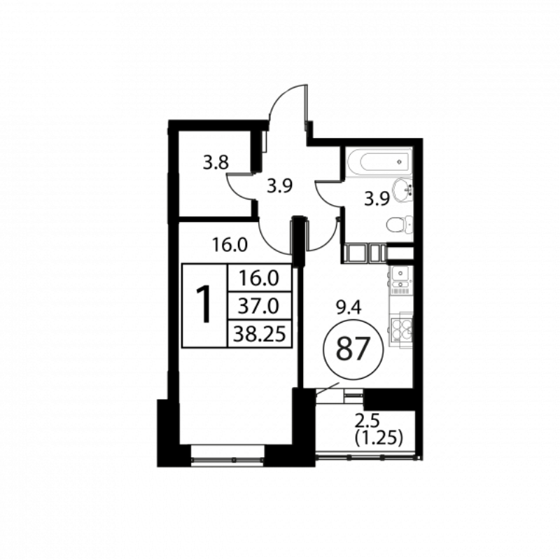 1 ккв 38,3 м²