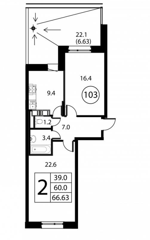2 ккв 66,6 м²