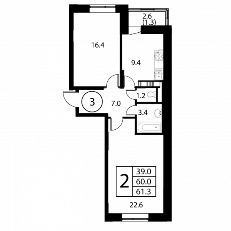 2 ккв 61,3 м²
