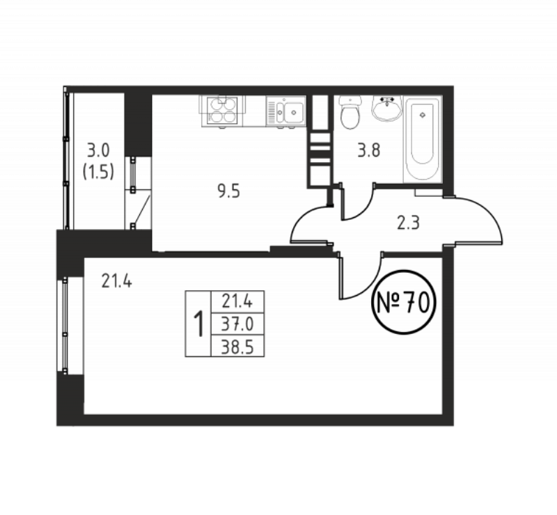 1 ккв 38,5 м²