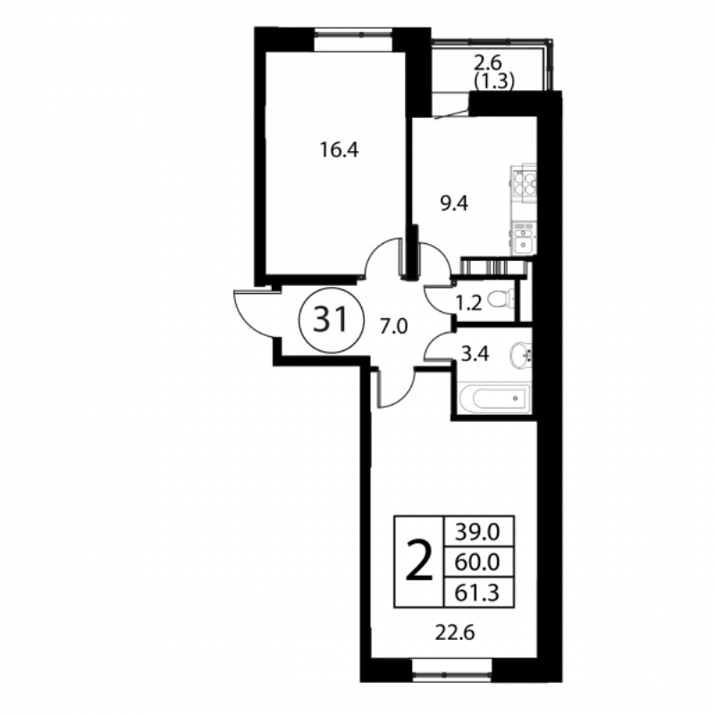 2 ккв 61,3 м²