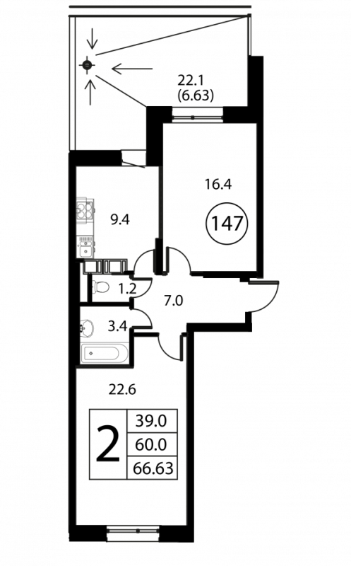 2 ккв 66,6 м²