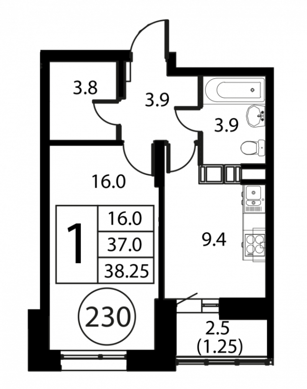 1 ккв 38,3 м²
