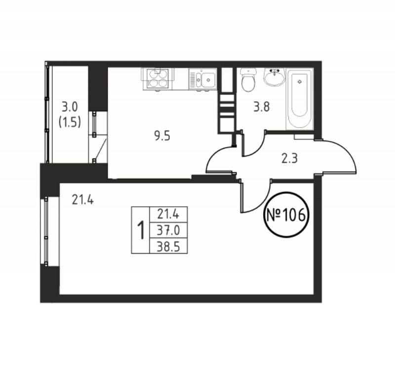 1 ккв 38,5 м²