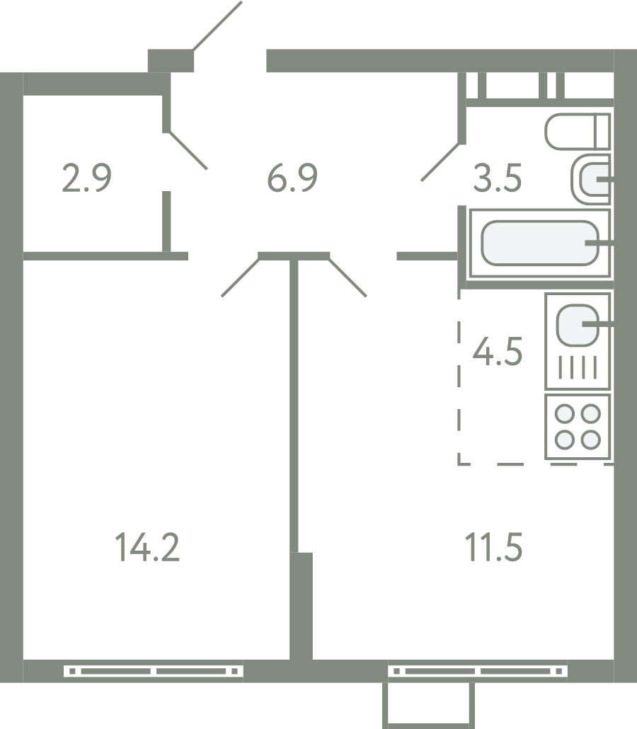2 ккв (Евро) 42,9 м²