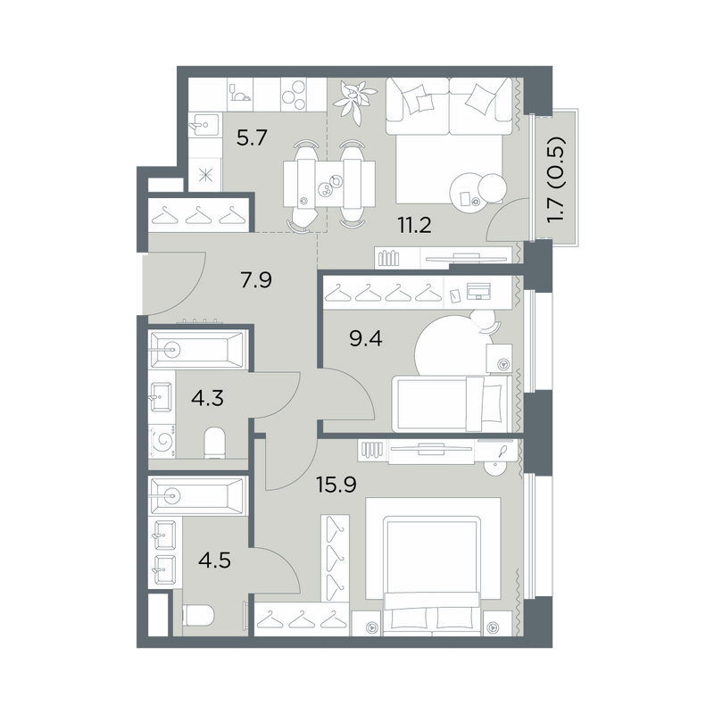 3 ккв (Евро) 59,4 м²