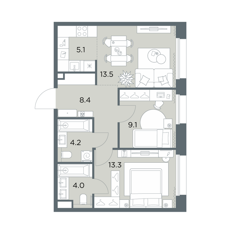 3 ккв (Евро) 57,6 м²