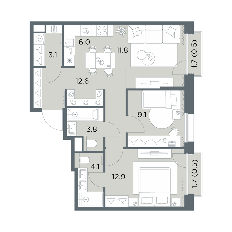 3 ккв (Евро) 64,4 м²