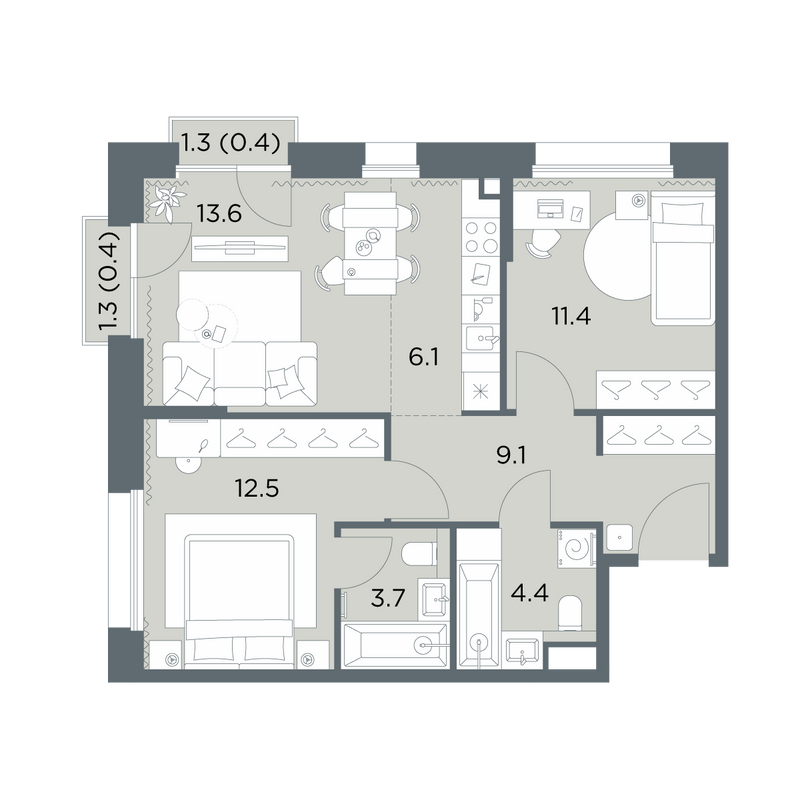 3 ккв (Евро) 61,6 м²