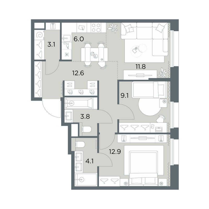 3 ккв (Евро) 63,4 м²