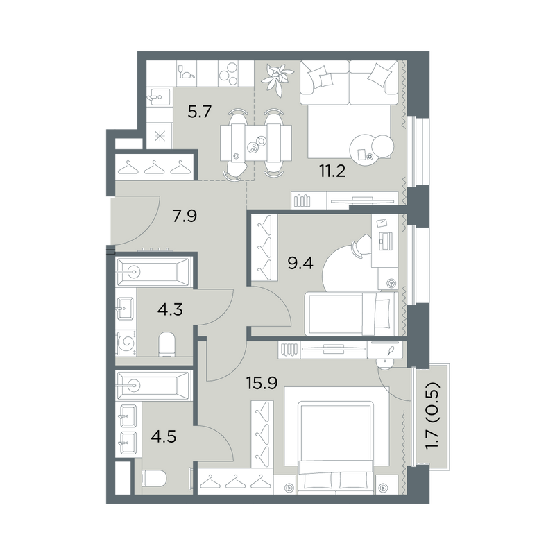 3 ккв (Евро) 59,4 м²