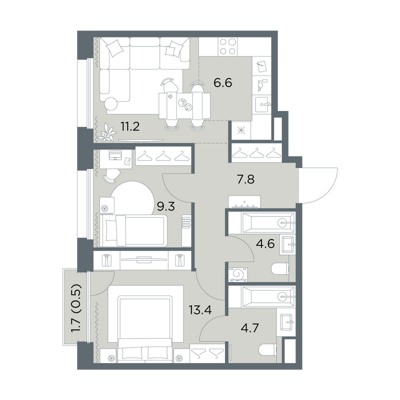 3 ккв (Евро) 58,1 м²