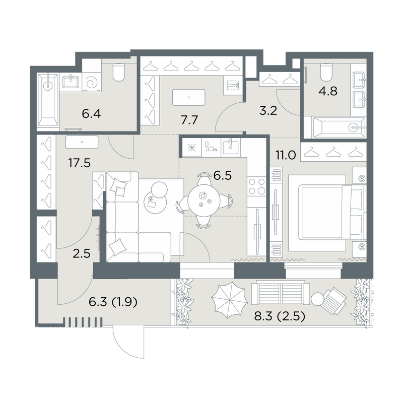 2 ккв (Евро) 64 м²
