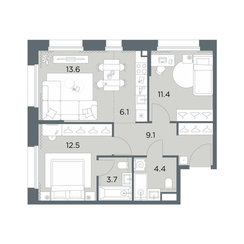 3 ккв (Евро) 60,8 м²