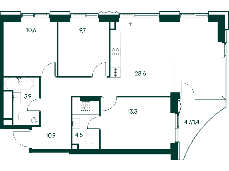 4 ккв (Евро) 84,9 м²