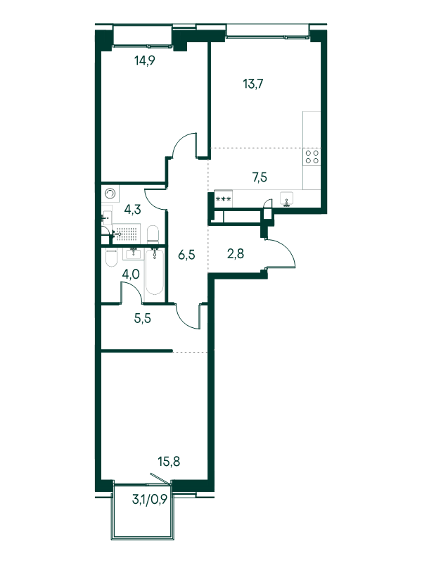 3 ккв (Евро) 75,9 м²