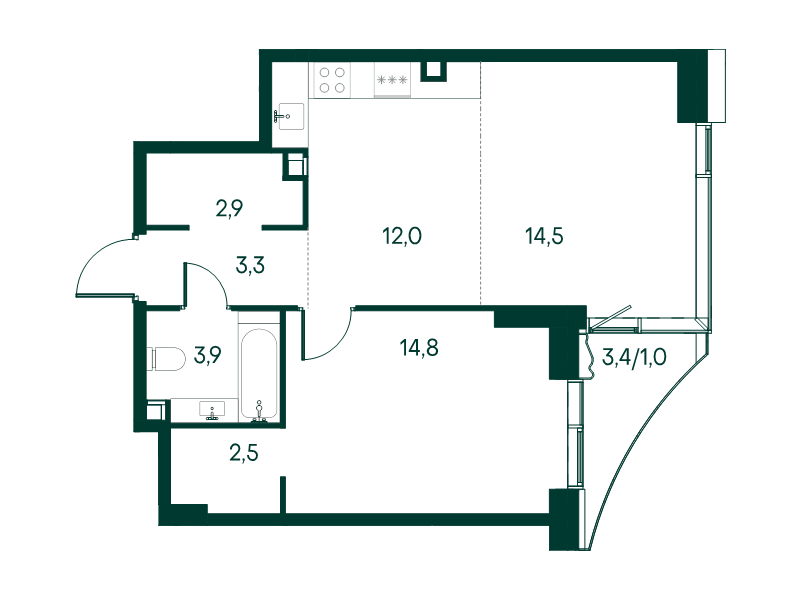 2 ккв (Евро) 54,9 м²