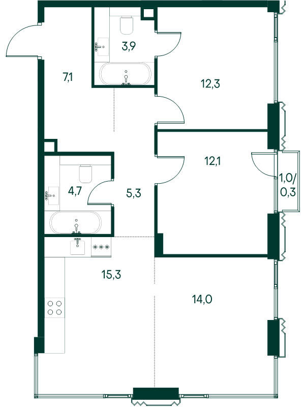 3 ккв (Евро) 75 м²