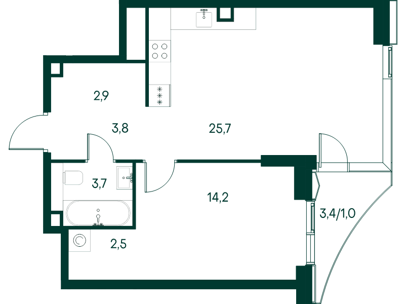 2 ккв (Евро) 53,8 м²