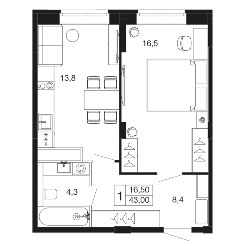 1 ккв 43 м²