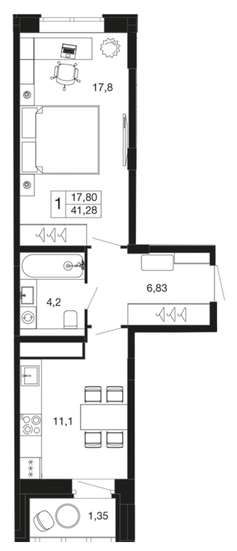 1 ккв 41,3 м²