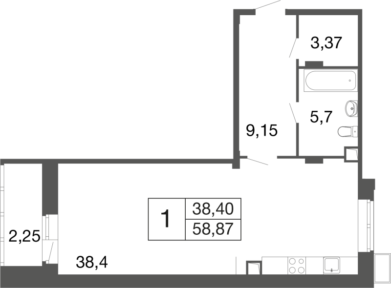 Студия 58,9 м²