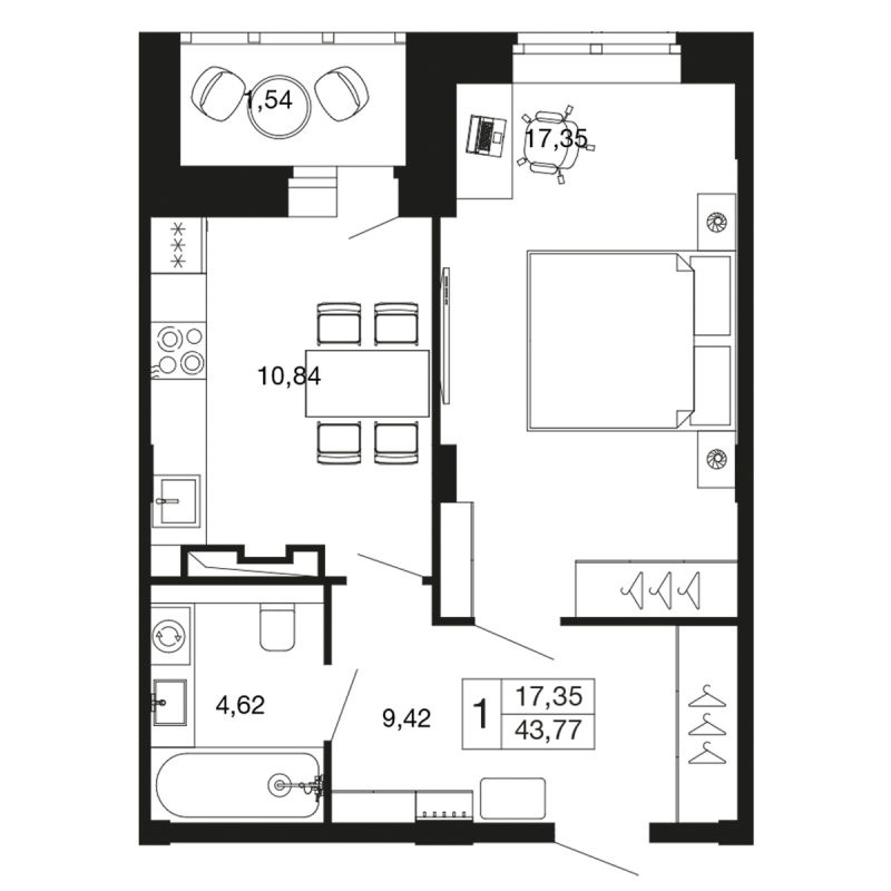 1 ккв 43,7 м²