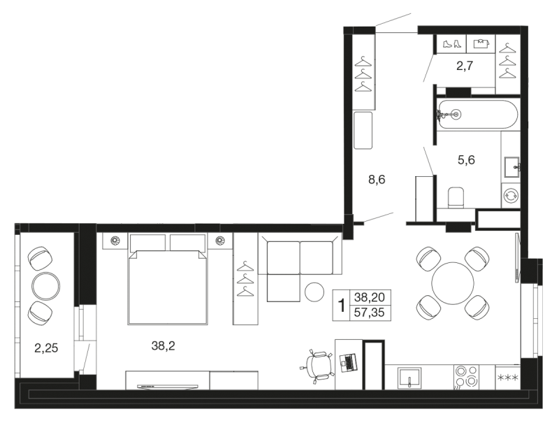 Студия 57,5 м²