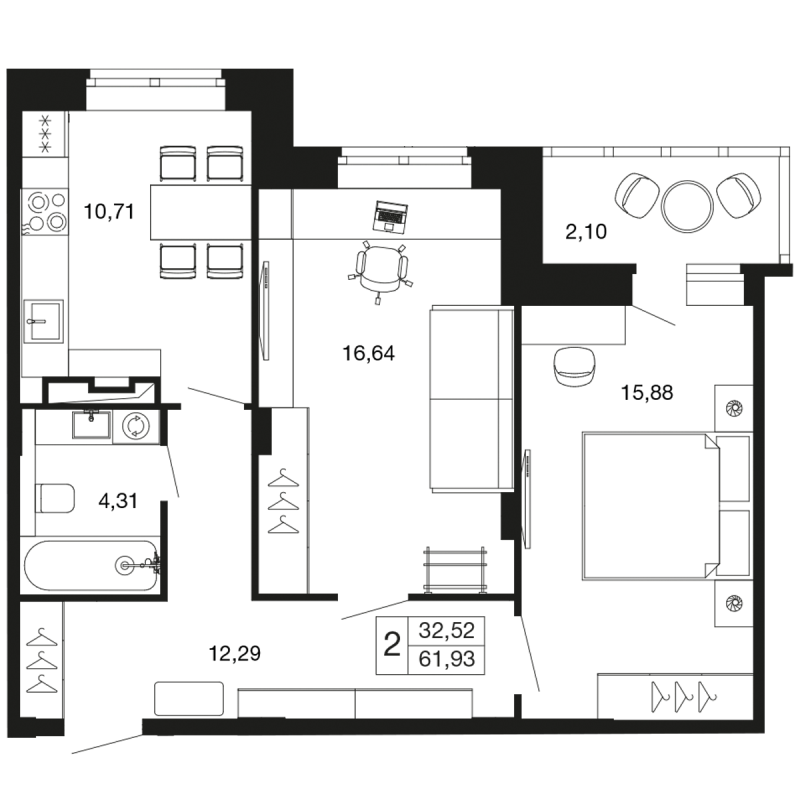 2 ккв 61,9 м²